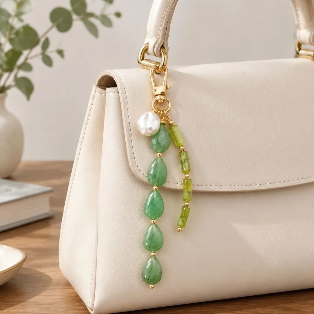 Versatile Jade Beaded Crystal Beaded Keychain Zinc Alloy Portable Lucky Keyring Creative Bag Pendant Bag Decoration