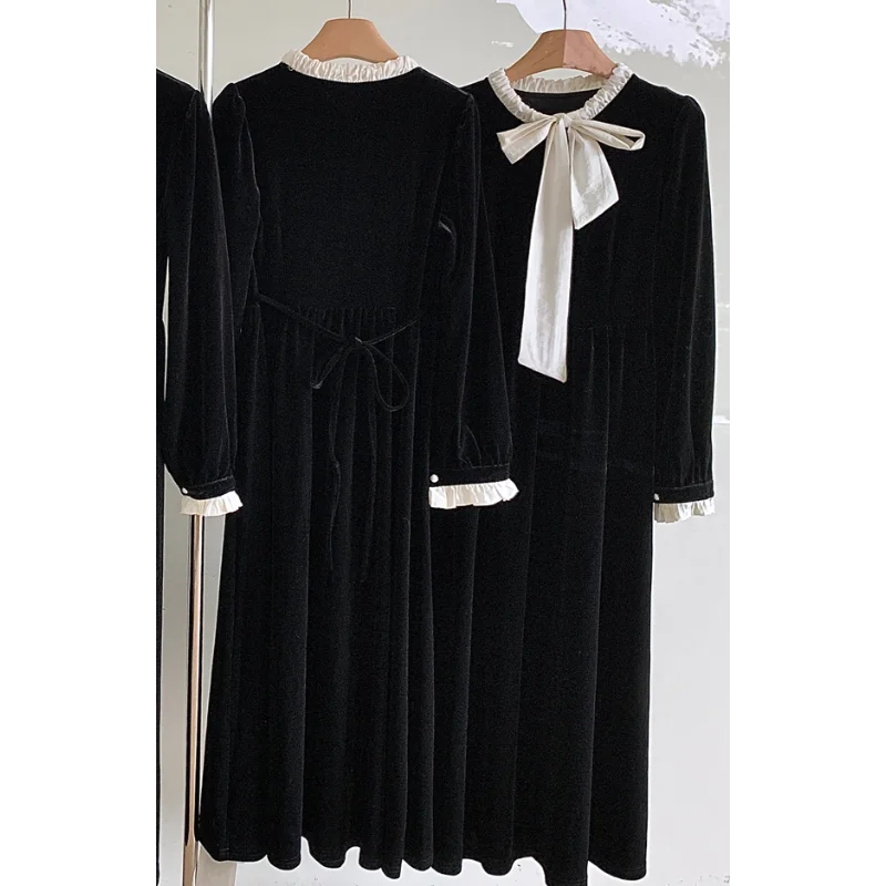 Vestido elegante francês de veludo preto para mulheres, gola borboleta, manga folhada, doce coreia, jantar, vestido longo feminino perfumado pequeno, na moda