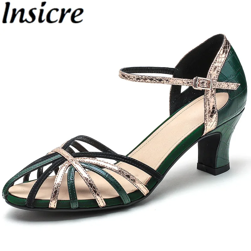 

Insicre Cow Slipt Leather 2022 Fashion Summer Shoes Buckle Mixed Colors Narrow Band High Heel Women Sandals Round Toe