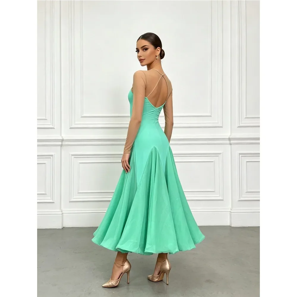 Damen Modern Dance Kleid mit ausgestellten Ärmeln, Chiffon, großer Schwingrock, Standard-Ballroom-Tanz-Übungskleidung, Bühnen-Performance-Kostüm