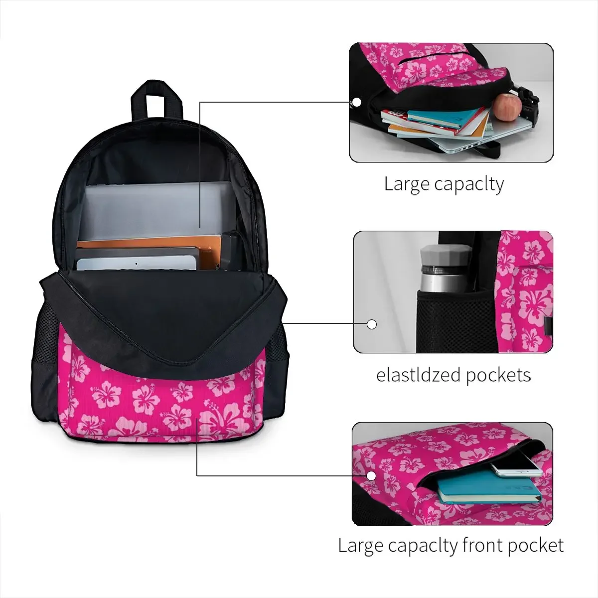 Tropical Hot Pink Hibiscus Flower motivo floreale zaini con stampa hawaiana Bookbag borse da scuola zaino per Laptop borsa a tracolla