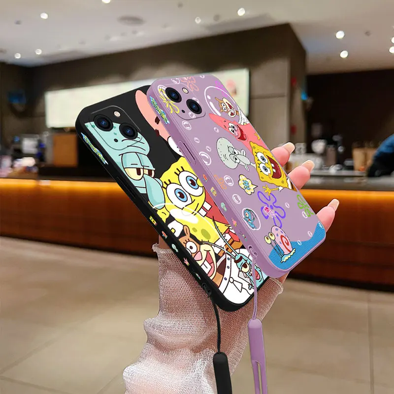 Cartoon SpongeBobs Handyhülle für Samsung Galaxy S24 S23 S22 S21 S20 Ultra Plus FE S10 4G S9 S10E Note 20 10 9 Plus mit Lanyard