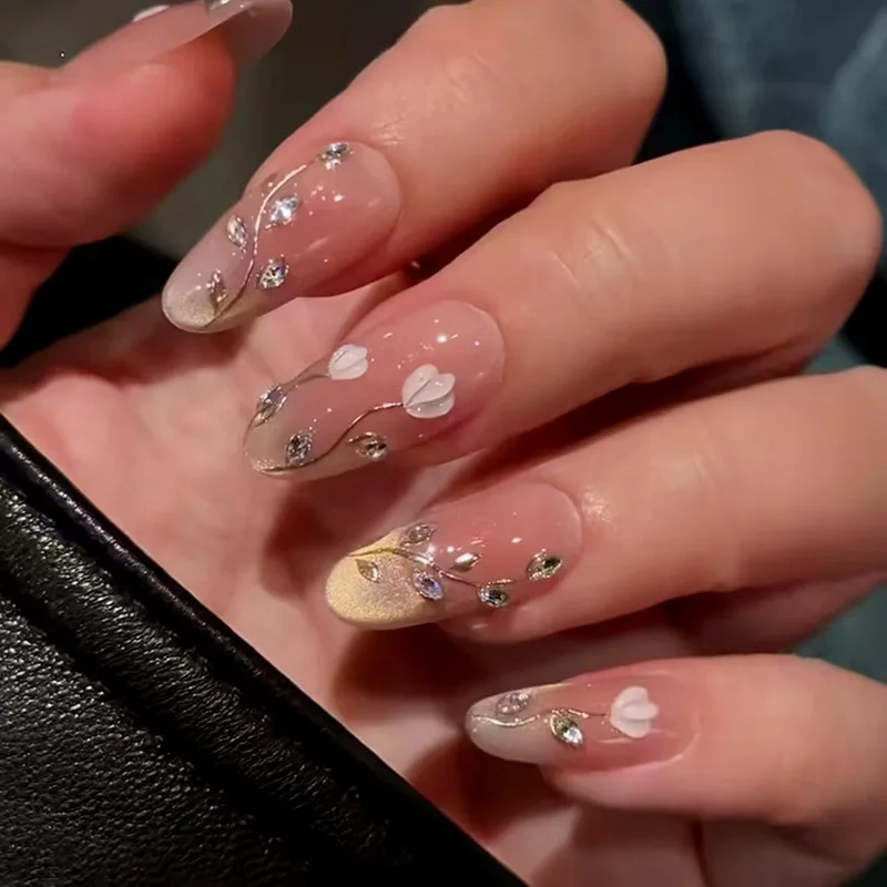 

24Pcs Cat's Eye French Fake Nails Press on Flower Rhinestone Full Cover Nails Tips Art Mid-length Almond Detachable False Nails