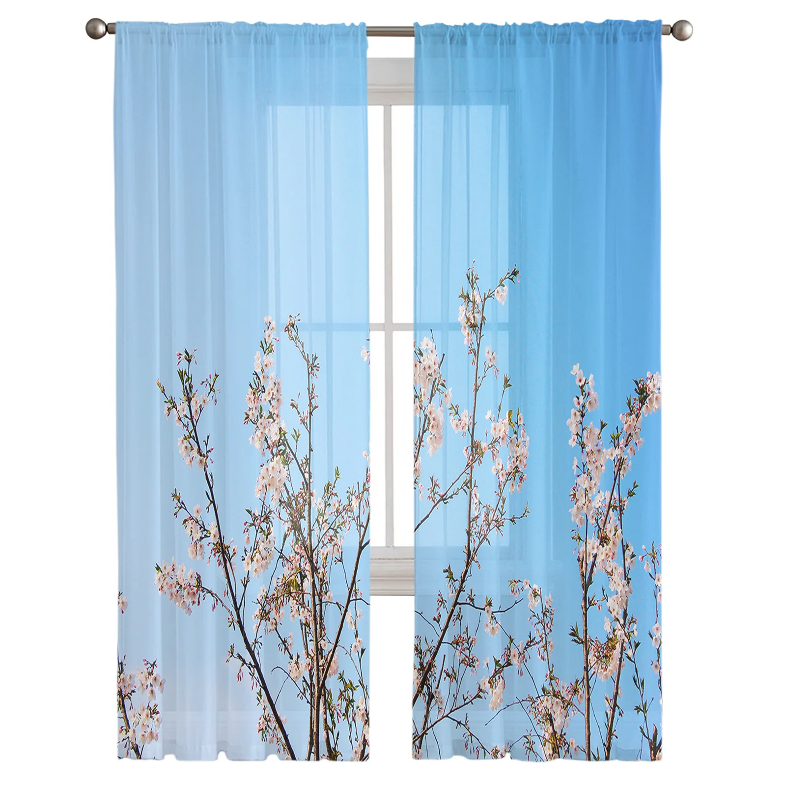 Blue Sky Spring Vitality Fresh Cherry Blossoms Sheer Curtains for Living Room Bedroom Window Treatment Kitchen Chiffon Curtain