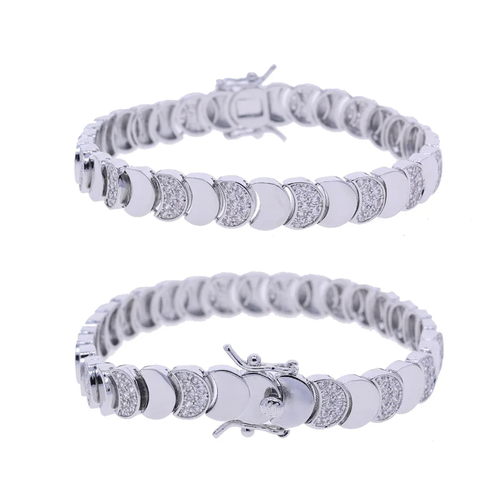 

2025 Color Geometric Moon Shaped Bling Cz Link Chain High Polished Shiny Metal Bracelet Necklace Fashion Delicate Women Jewelry