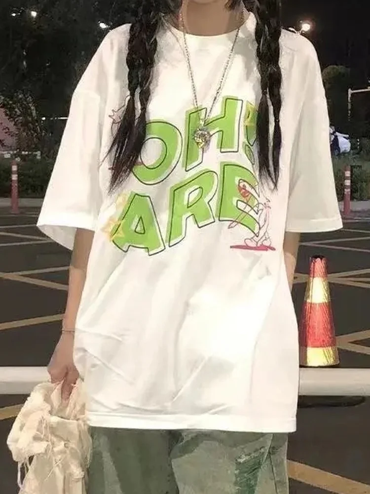 Mùa Hè 2022 Bông Tai Kẹp In Chữ T Áo Sơ Mi Nữ Gót Thời Trang Áo Thun Nữ Tay Ngắn TEE Trắng Áo Kpop Quần Áo Nữ