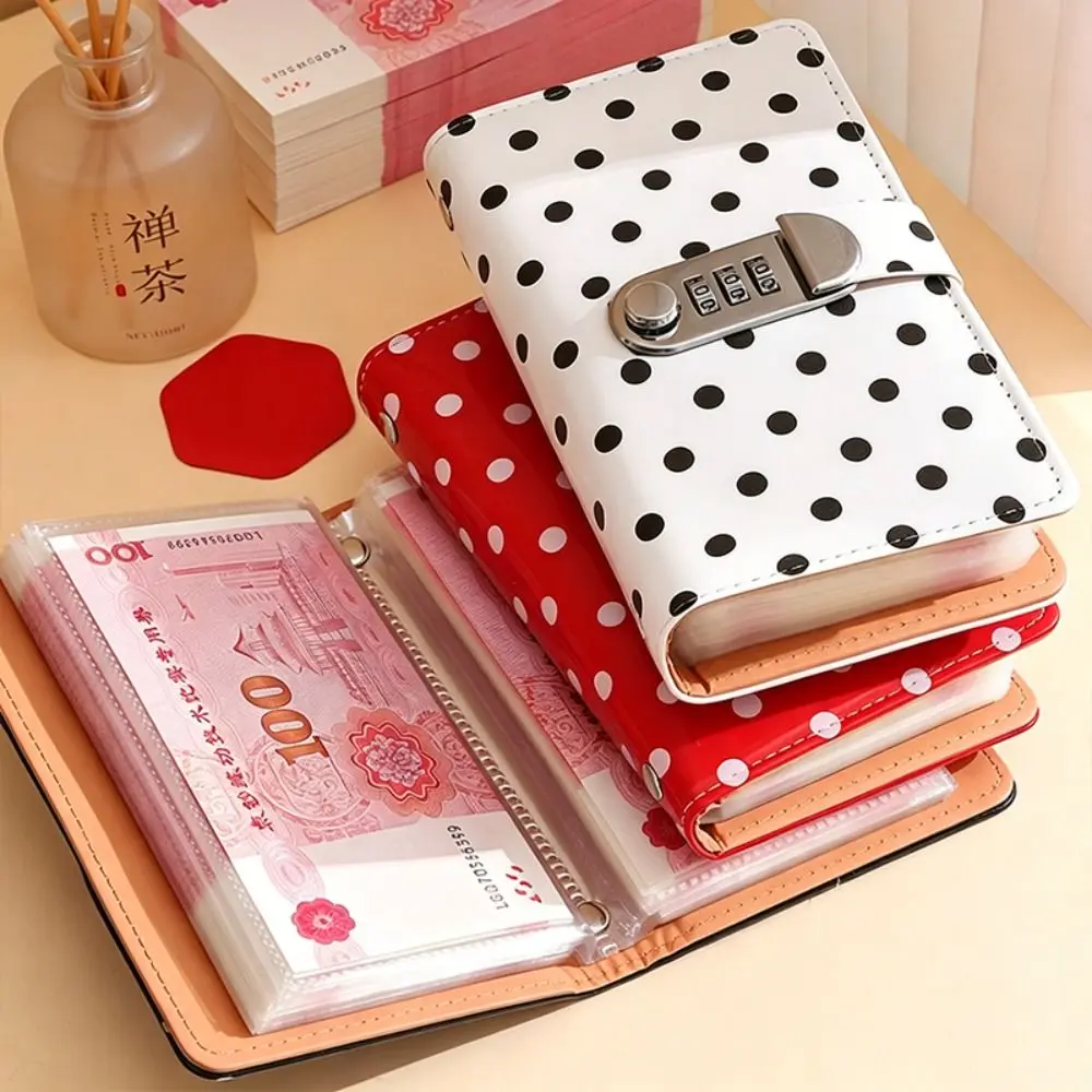 PU Leather Cash Savings Binder 100 Pockets with Combination Lock Cash Envelope Savings Book Polka Dot Design