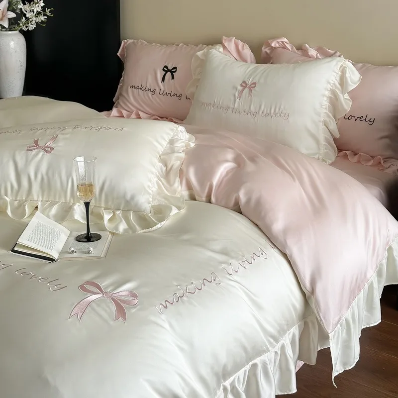 Cotton French Embroidery Bow Tencel Four-piece Set Girl Heart Summer Cool Silky Quilt Cover Sheet Pillowcase Bedding Set