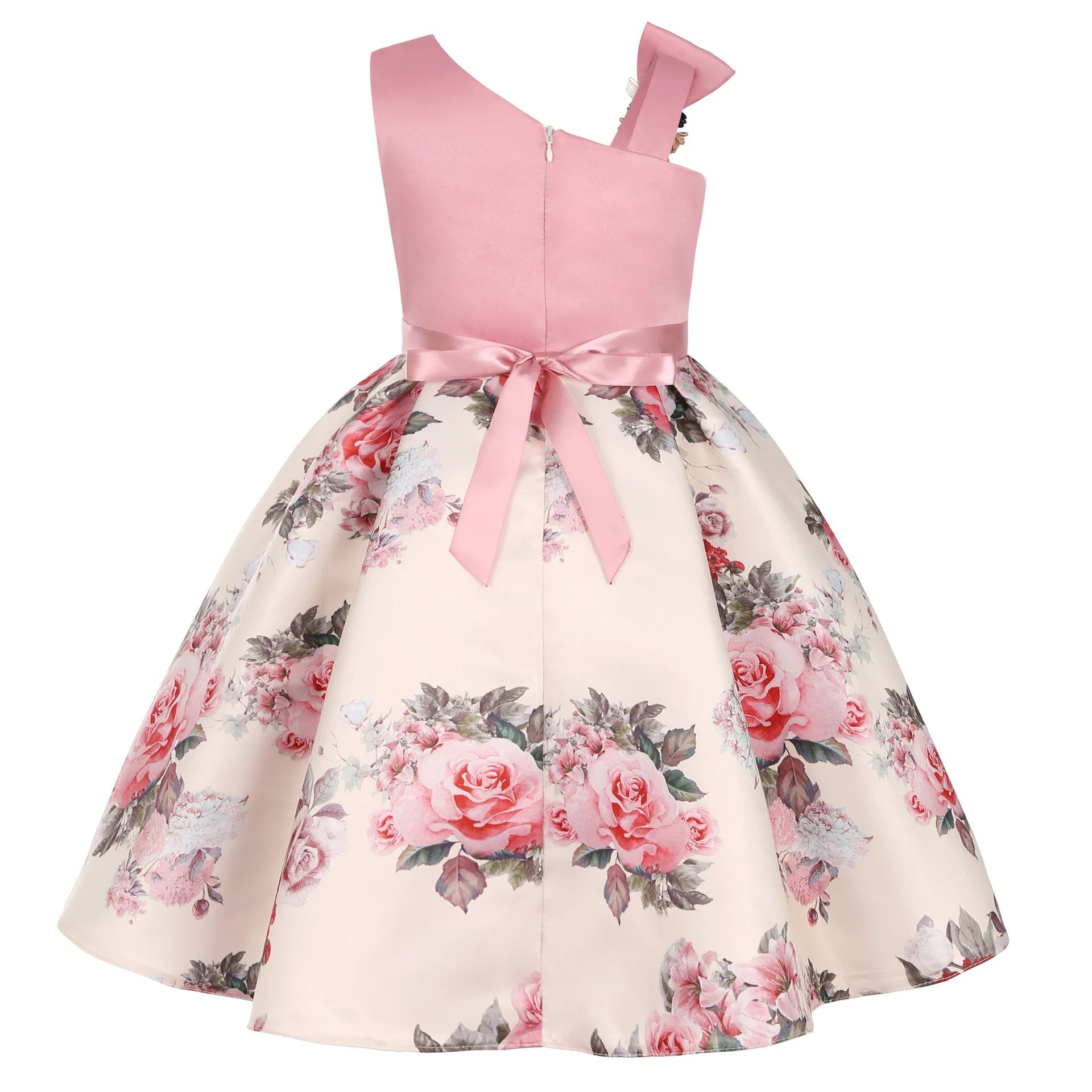 Princess Girls Dresses Bow Flower Sloping Shoulder Short Cute Evening Prom Ceremonial Festival Party Show Summer New Girl Dress