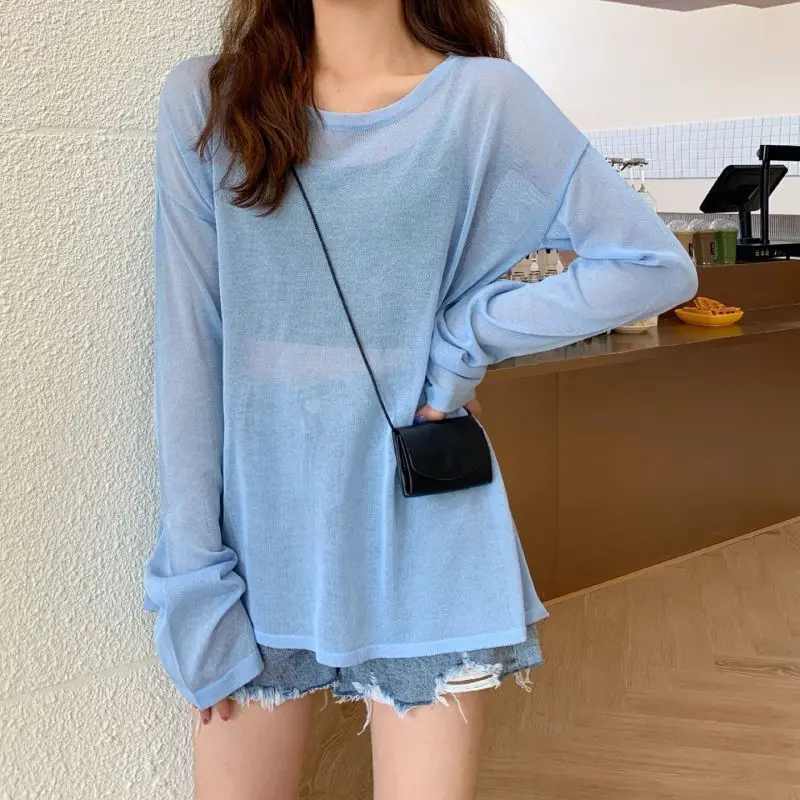 Ice Silk Summer New Loose Korean Simplicity T Shirts Long Sleeve Solid Color Street Casual Tops Tees Sweet Fashion Women Clothes