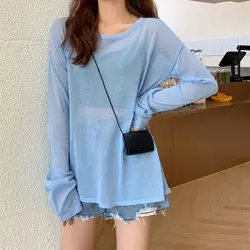 Ice Silk Summer New Loose Korean Simplicity T Shirts Long Sleeve Solid Color Street Casual Tops Tees Sweet Fashion Women Clothes