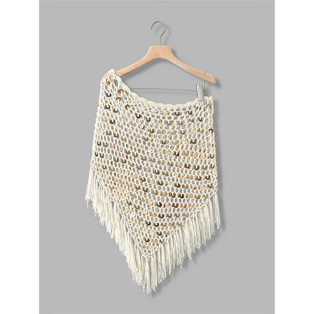 XS - XL Quasten Pailletten Einfarbige Häkel- und Strick-Tunika Strand-Überwurf Strandtop Strandkleidung Damen V8287 – Detail 12