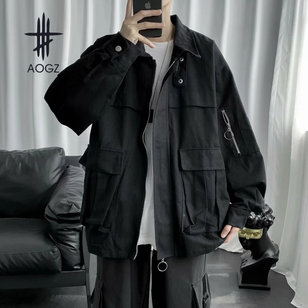 

AOGZ Oversized Loose Coat Muilt-pocket Cargo Jacket Mens Casual Jacket Hip Hop Streetwear Safari Style Spring Outwear Thin Black