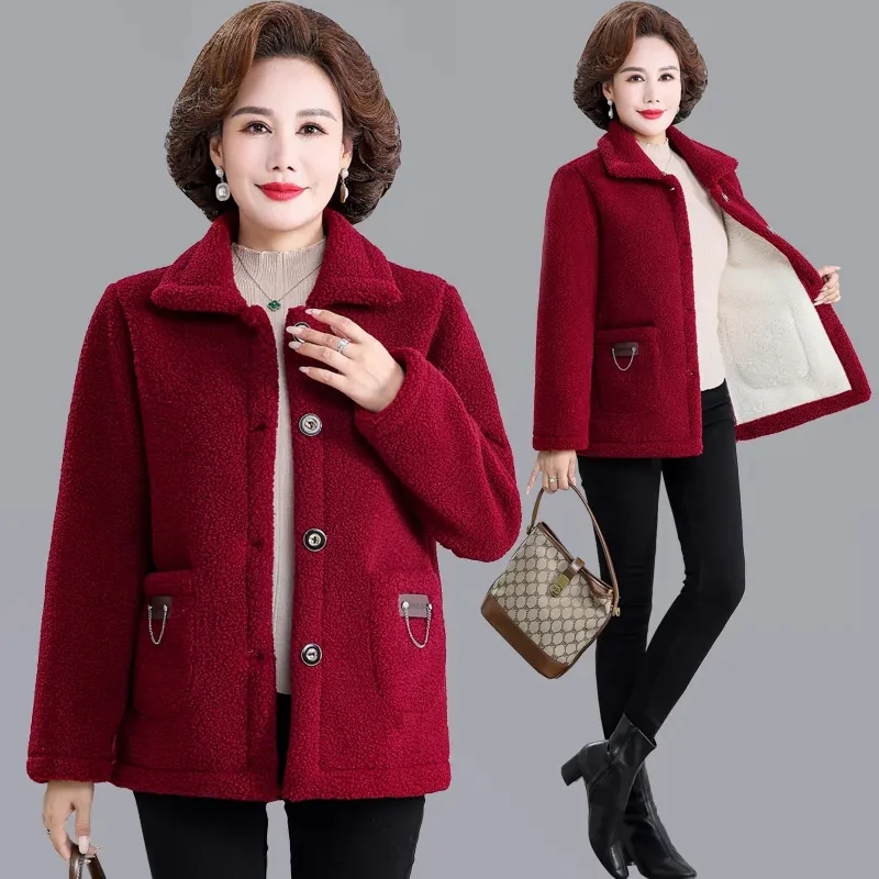 

Middle-aged Mother Women Lamb Fur Coat 2023 Fashion Winter Jacket Women Loose Velvet Warm Grain Fleece Overcoa Female Outerwear