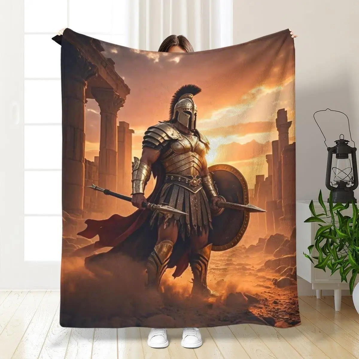 Premium Roman Warrior Blanket Throw Fleece Lined Tapestry Home Decor Gift for History Lovers Fantasy Art Wall Blanket