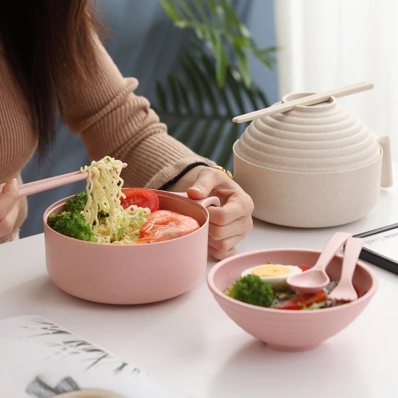 Eco-Friendly Wheat Straw Instant Noodles Bowl With Lid Handle Dinnerware Set Soup Salad Rice Bowl Microwaveable Japanese Bowls