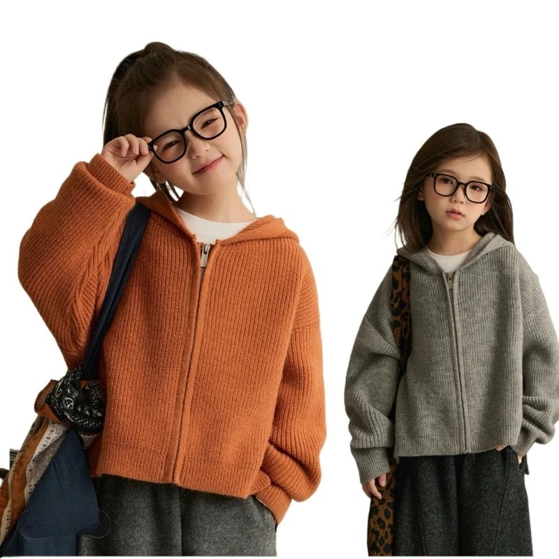 

Girls Zipper Cardigan Sweater Autumn and Winter 2025 New Children's Coat Korean Girls Hooded Jacket Casual Style