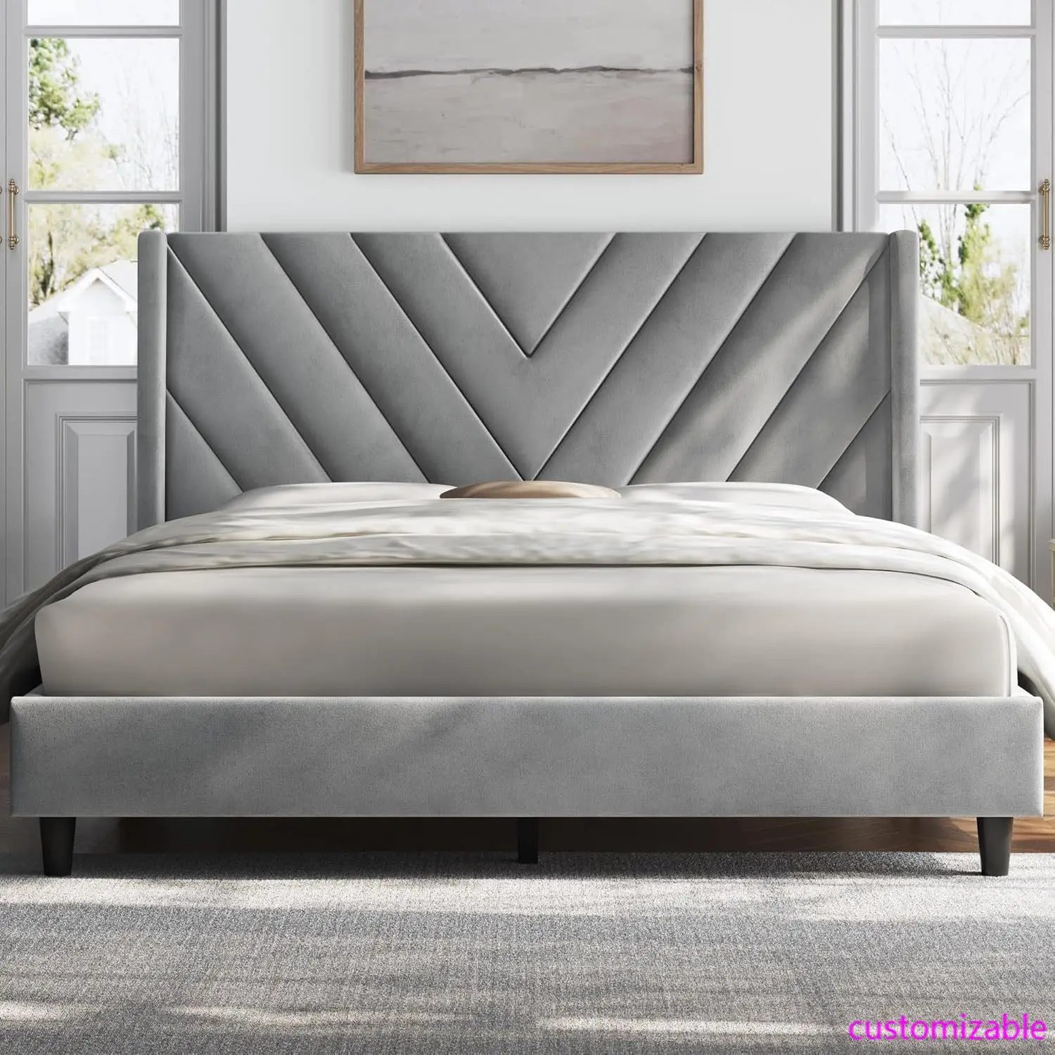 Queen Bed Frame Upholstered Platform Bed with Wing Side/Wooden Slat Support/Tufted Headboard with Wing Side/Mattress