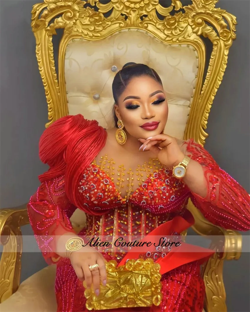 Vestido De noche De sirena rojo brillante, vestidos De fiesta De graduación De boda y cumpleaños con cuentas De cristal, batas Aso Ebi personalizadas