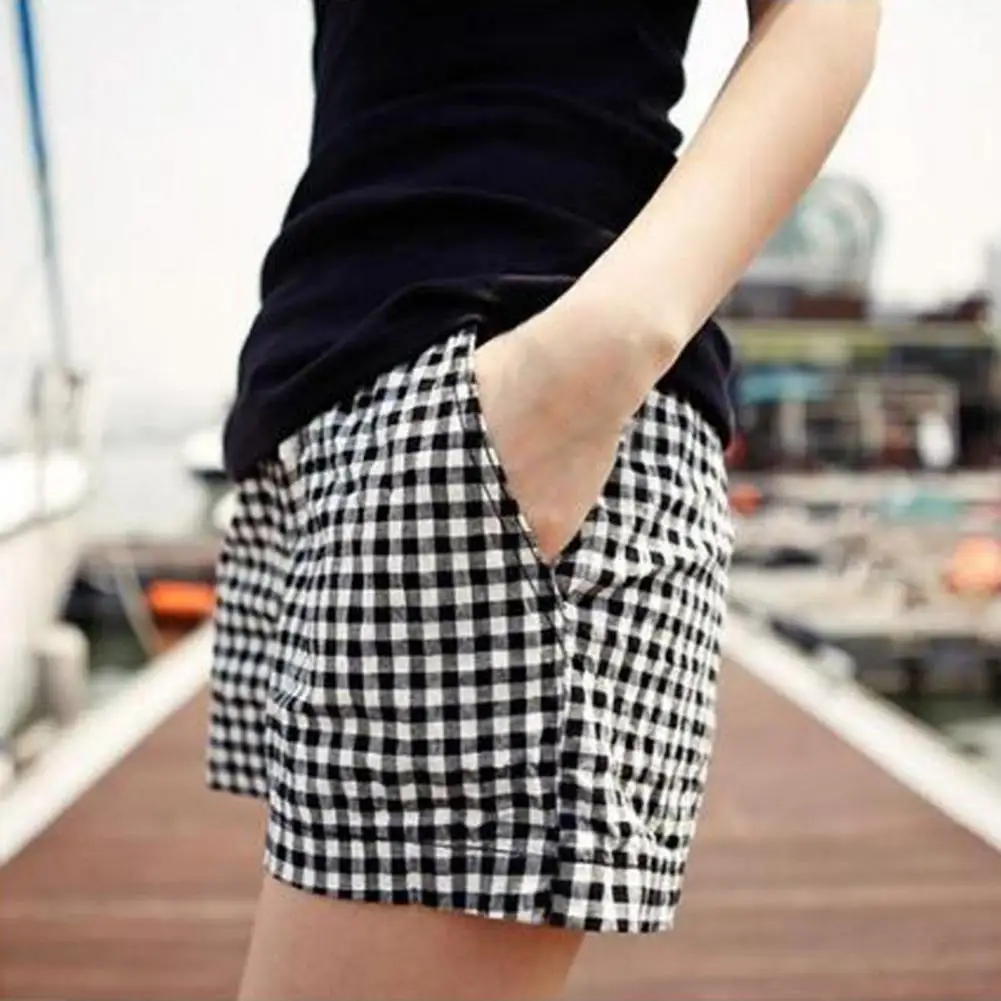 

Summer Shorts Women's Elastic Waistband Plaid with Pocket Loose Dress Up Breathable Hot Pants Summer Beach Shorts for Women