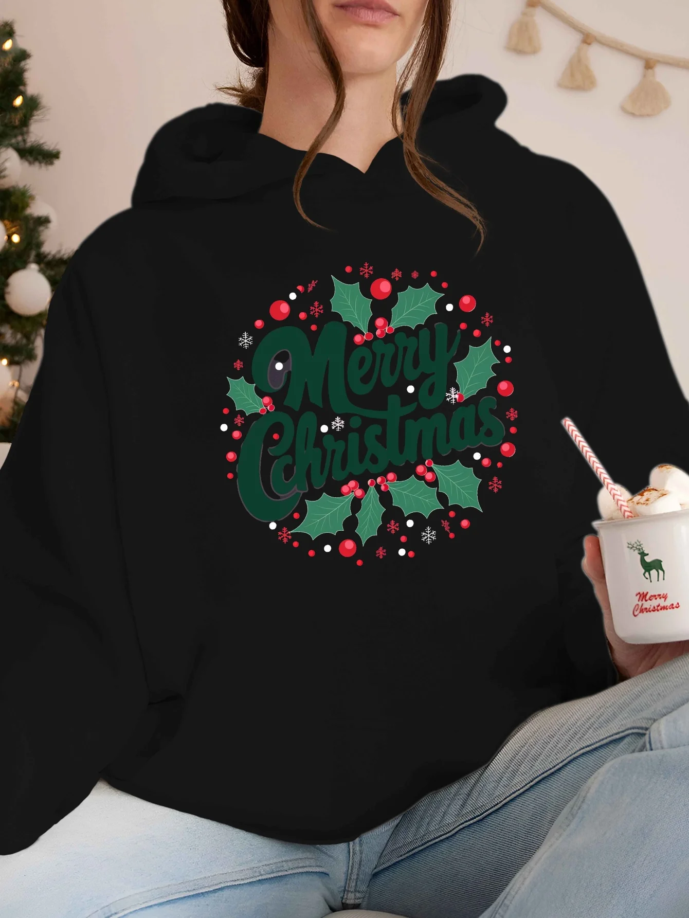 

1 шт. женская толстовка с Рождеством больших размеров — повседневная полиэстеровая 100% трикотажная ткань с карманом, неэластичная, воротником с капюшоном