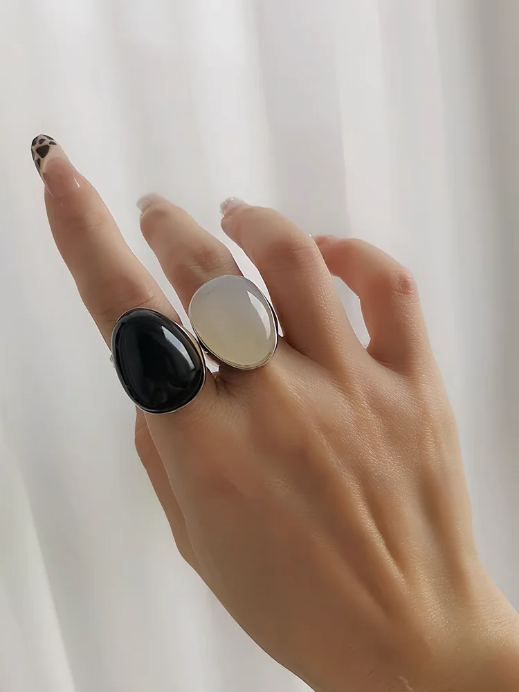 

Brass Natural Stone Egg Charm Solid Rings Women Jewelry Punk Designer Club Cocktail Party Boho Japan Korean