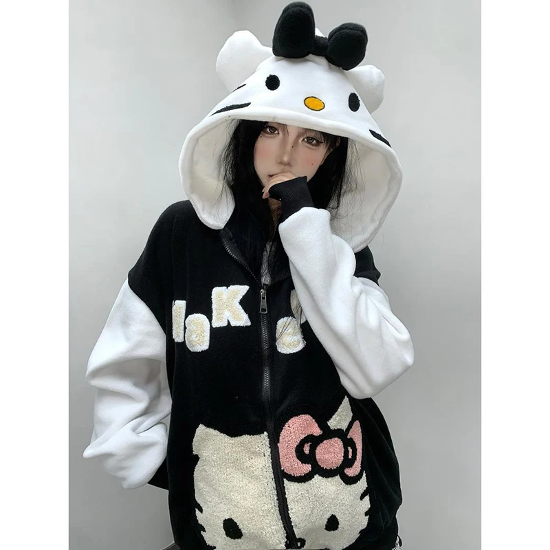 Sanrio Hello Kitty Lamb Fleece Hooded Sweatshirt Anime Cartoon Kitty Zipper Jacket Female Loose Winter Student Couple Sweater