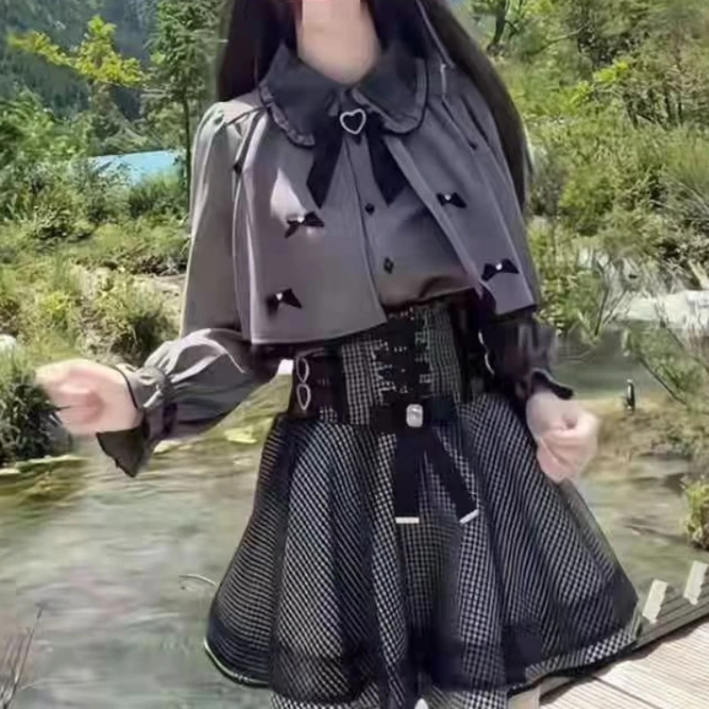 Japanese Gothic Lolita Style Skirt Set Women Sweet Bow Long Sleeves Cloak Shirts Plaid Mini Cake Skirts Korean Harajuku Y2k Suit view 3