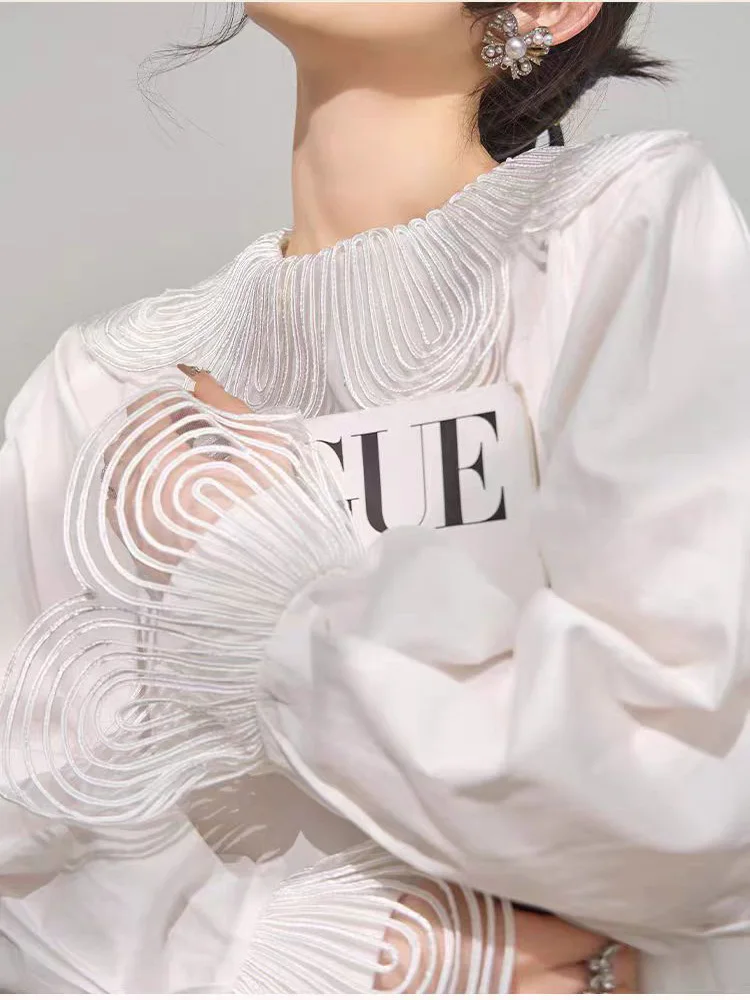 High-end Spring Chinese New Year Embroidery Top Women Elegant Lady Patchwork Lace Petal-collar Puffed Sleeves Blouse S-XXL