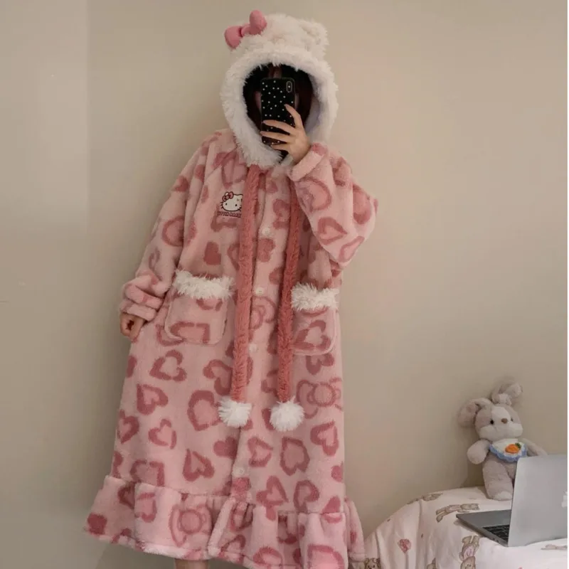 Sanrio Hello Kitty Cute Sweet Coral Velvet Nightgown Winter Thick Warm Casual Home Clothes Korean Version Fashion Hooded Pajamas