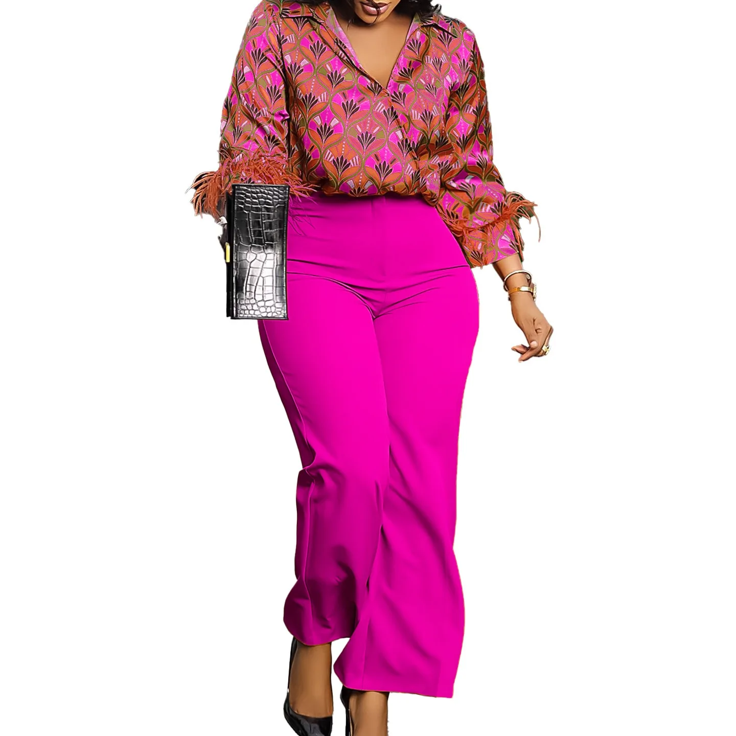 L-3XL Plus Size Two Piece Sets for Women Clothing 2024 Fashion Printing Shirts and Wide Leg Pants Fall Winter African Outfits