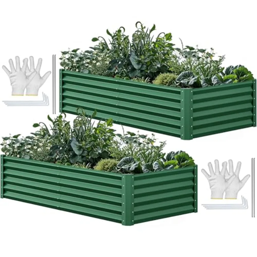Outdoor above ground planters for vegetables, flowers, and plants; galvanized metal; green; 6x3x1.5 ft, 2 pcs kit with gloves,