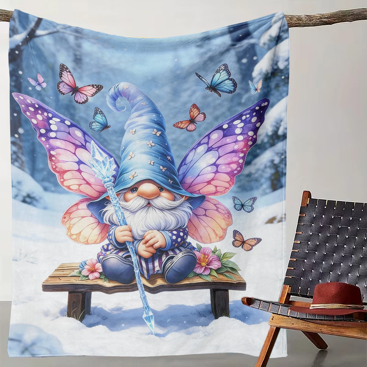 

Fairy Gnome Butterfly Snow Blanket - Dreamy Fantasy Soft Throw, Cozy for Sofa/Bed, Winter Warm Home Decor