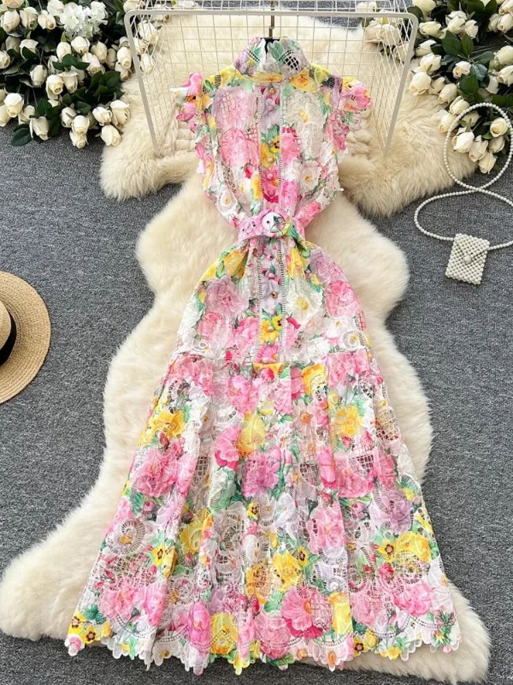 

Vantage hollow out Sexy lace Turtleneck Short flying sleeve elegant floral Print dress Summer Women's Belt Button Maxi Dress