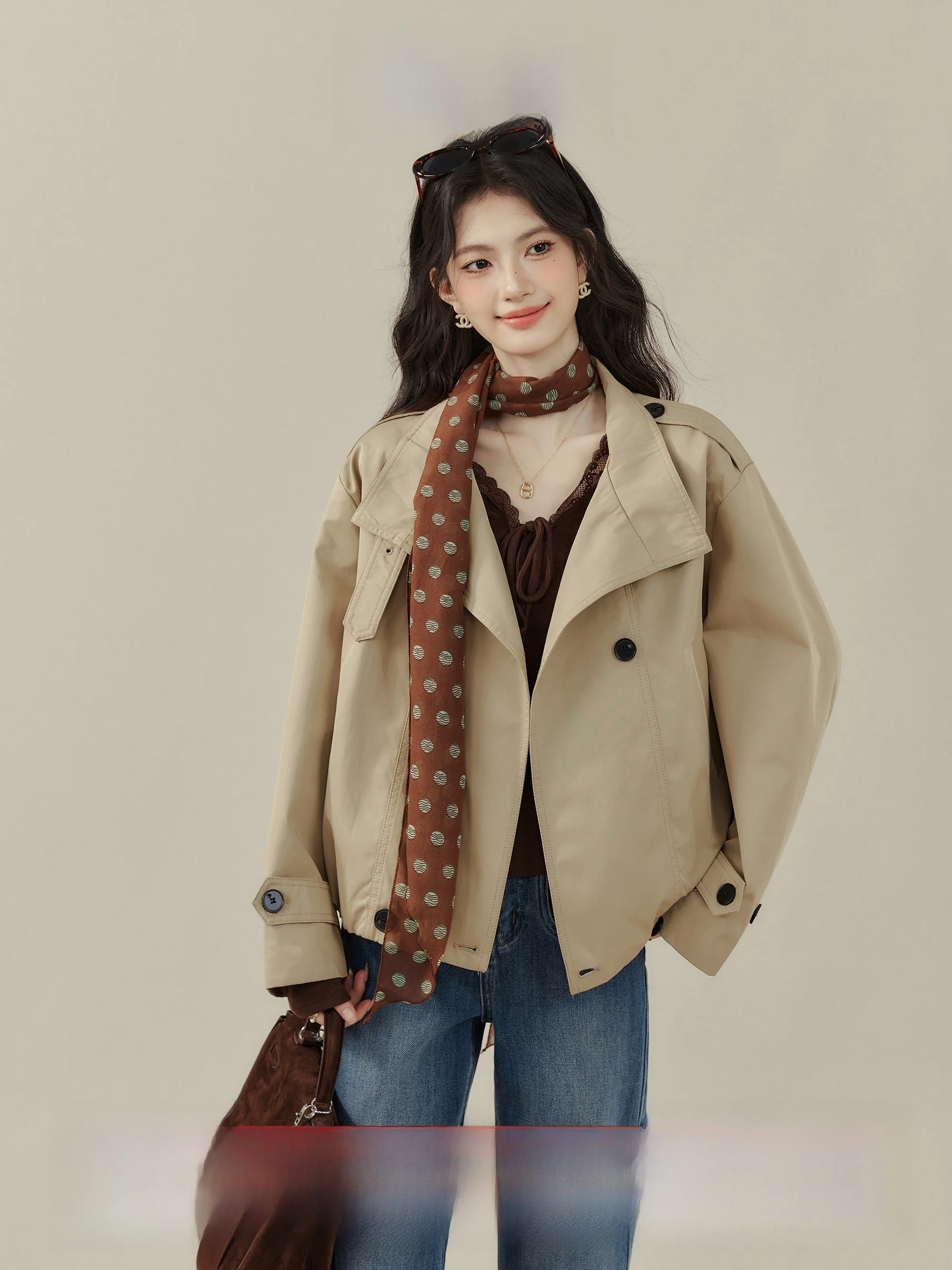 

i ort Sle Romantic Windbreaker Women's Jaet Loose Fit Autumn New Arrival Double Row Button Stand Collar Coat