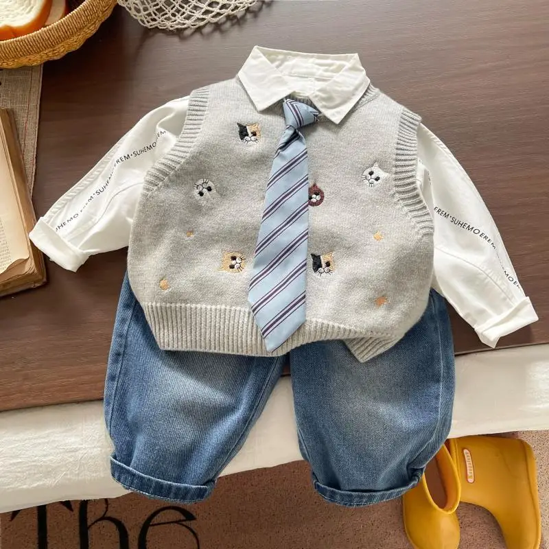 

80-120cm Boys' autumn outfit set new stylish children's sweater vest casual shirt jeans 3-piece set kids clothing set
