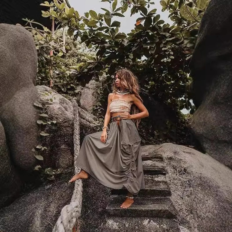 

2025 Новая хит продаж, плиссированная свободная юбка в ленивом стиле с большим карманом и шнурком для женщин