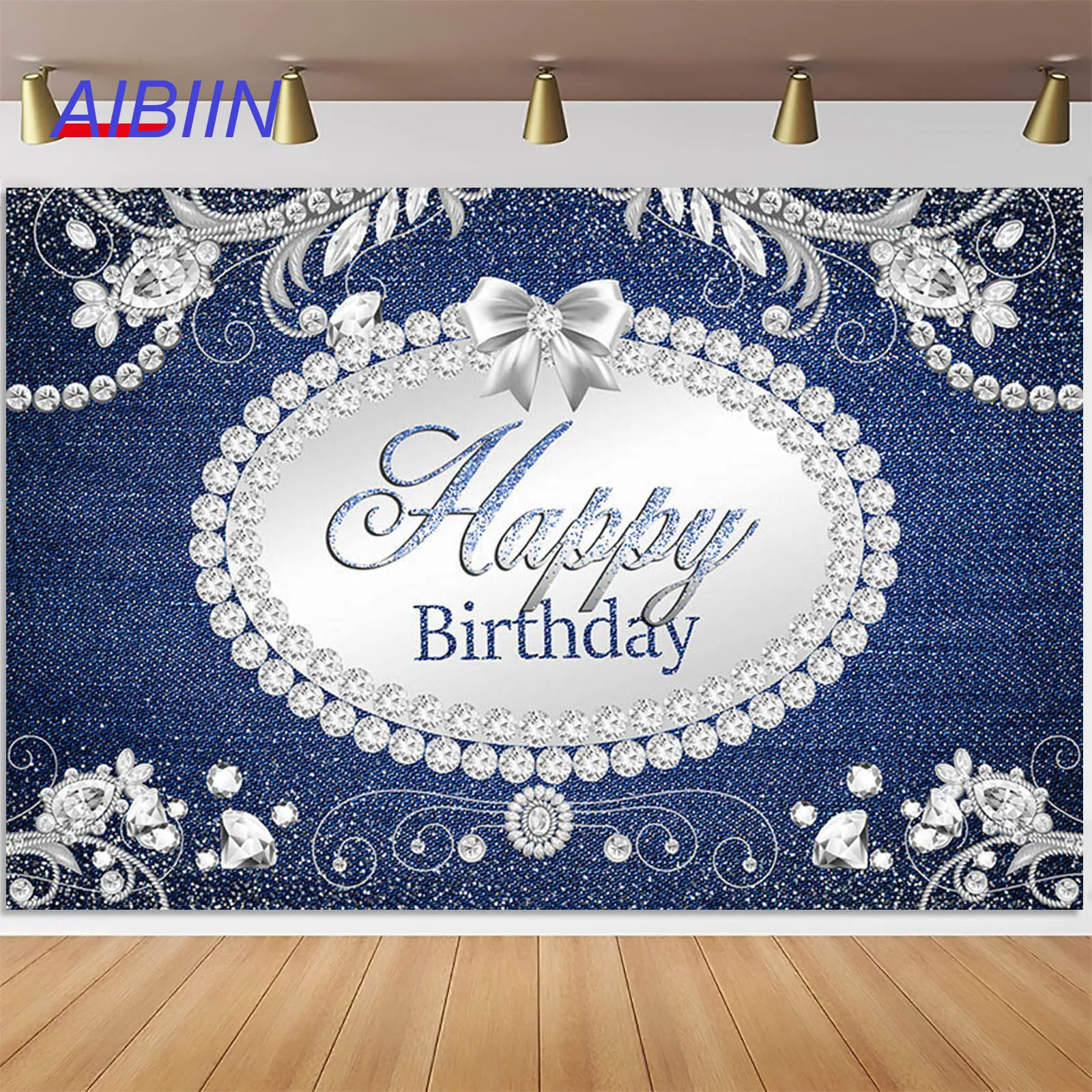 AIBIIN Denim Diamond Birthday Backdrop for Women Photography Background Decoration Cake Table Banner Photo Studio Photo Prop