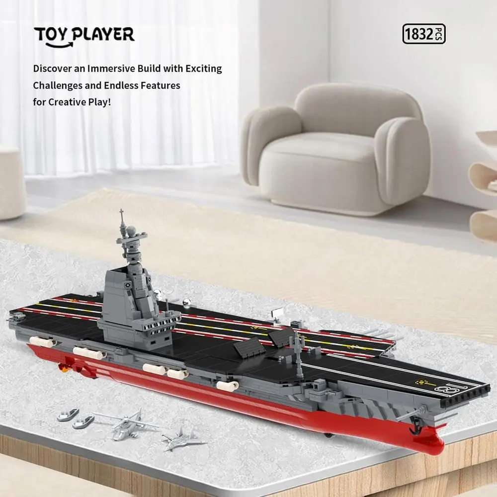 Large WWII Aircraft Carrier Building Set, 1514-Piece Military Battleship with Helicopter & Lifeboat, Compatible with LEGO for Ad