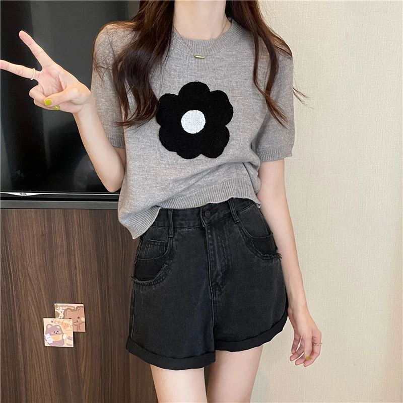 Rimocy 2024 Summer Flower Embroidery T Shirt Women Korean Style Short Sleeve Knitted T-Shirt Woman All Match Round Neck Tee Tops