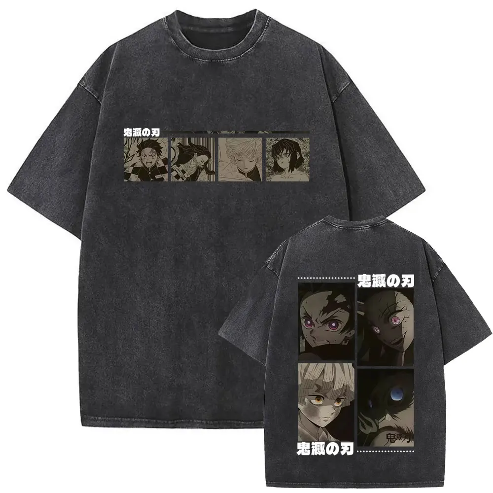 

Washed Vintage Anime Demon Slayer Kamado Tanjirou Kamado Nezuko Agatsuma Zenitsu Hashibira Inosuke T Shirt Men Fashion T-shirt