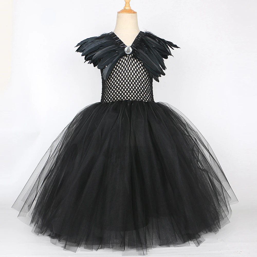 Costumi maleficenti di Halloween per ragazze bambini diavolo strega abito lungo Tutu con ali di piume di corno bambino Evil Queen vestito Cosplay