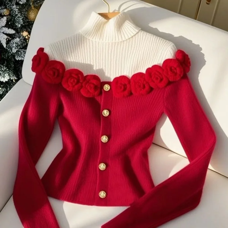 

French Style 3D Flowers Sweater Women Autumn Winter New Causal Fake Two Pieces Knit Pullover Christmas Cashmere Knitwears