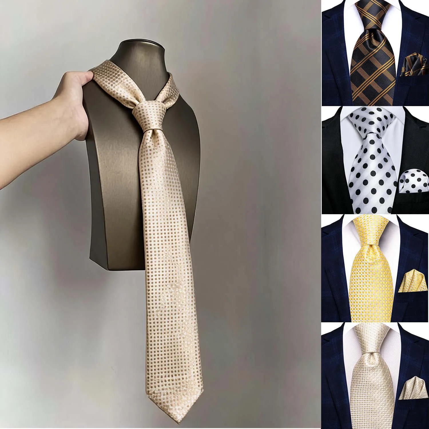 White Yellow Classic Men Necktie & Pocket Square 2Pcs Set Formal silk Wedding Business Accessory