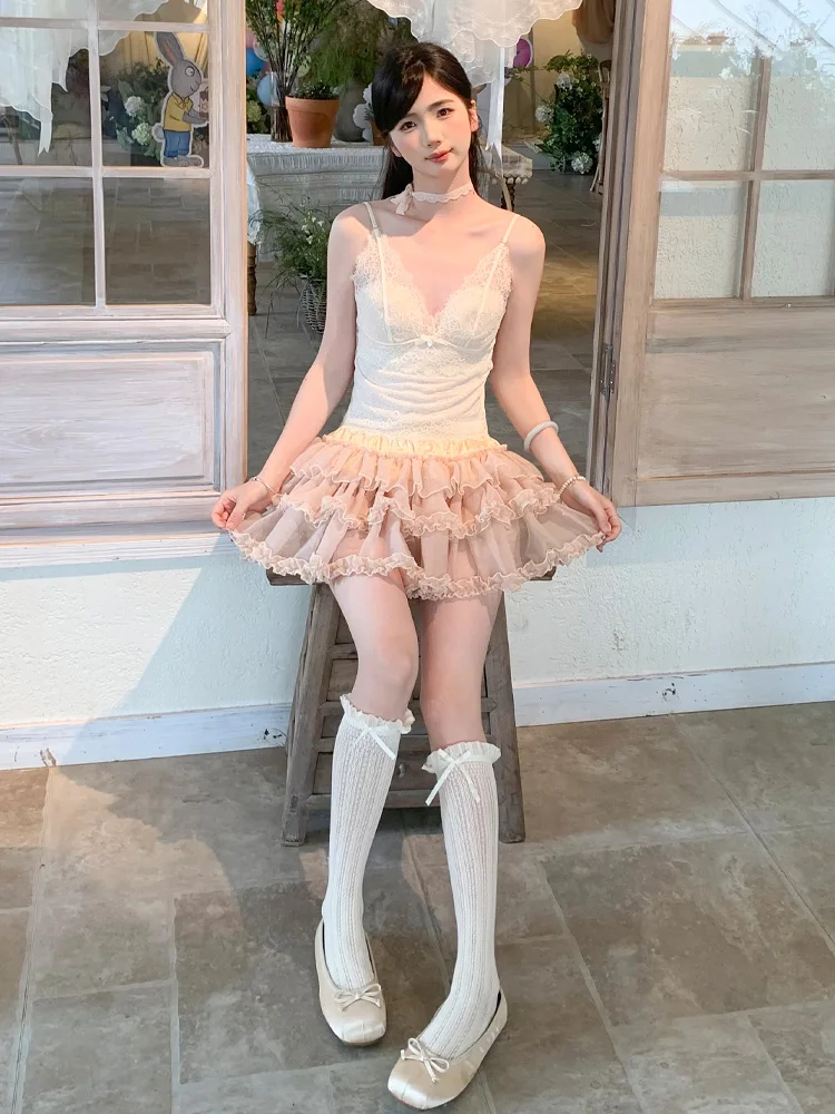 Jupe trapèze taille haute pour filles, jupe gâteau à la mode, mignonne dentelle épissure rose, jupes courtes de princesse polyvalentes rajeunissantes, été