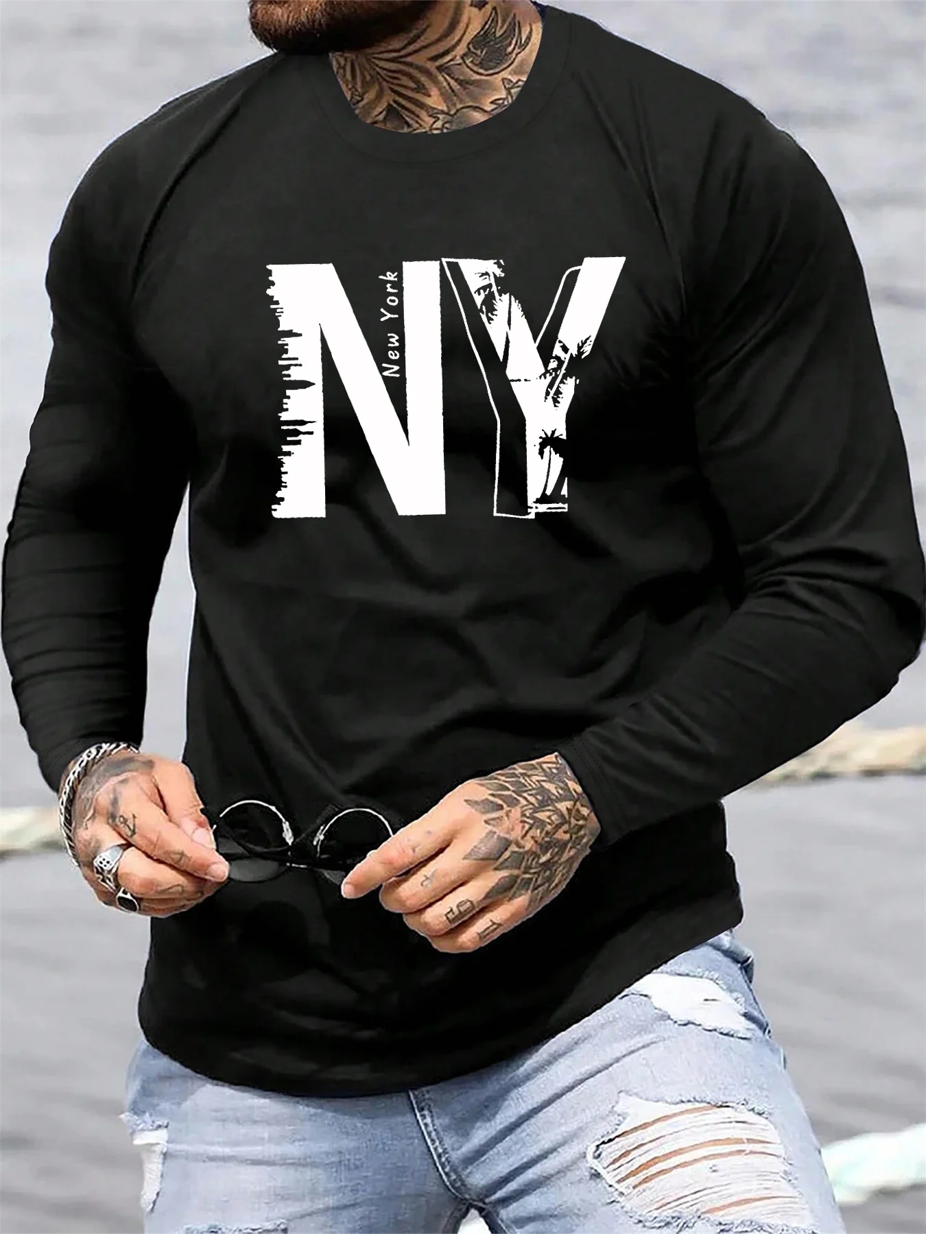 Men's 100% Pure Cotton Loose Fit plus Size T-Shirt Casual Sports round Neck Long Sleeved New York NY Letter Print Top