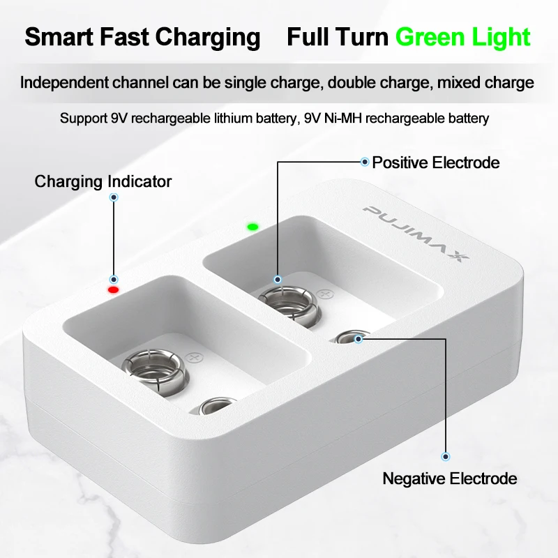 9V Ni-MH/Ni-Cd/리튬 이온 충전지 용 스마트 2 슬롯 9V 고속 배터리 충전기 (LED 표시기 포함) USB 케이블