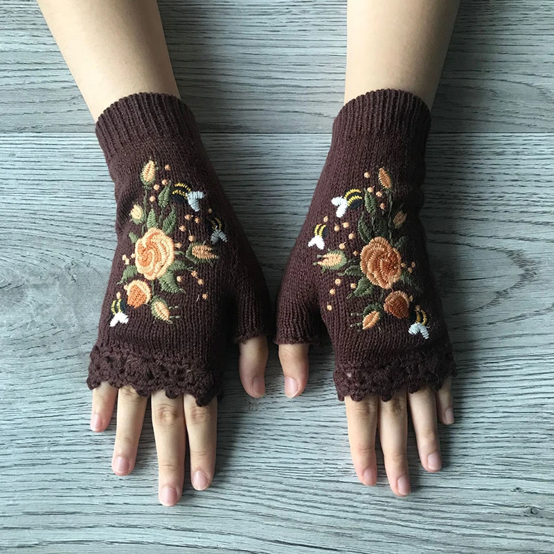 Bee Flower Embroidery Knitted Half Finger Gloves Soft Warm Handmade Autumn Winter Outdoor Women Mittens One Size