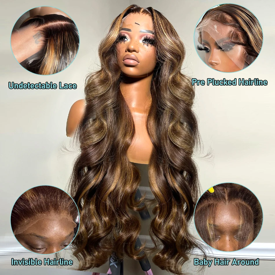 Perruque Lace Front Wig Body Wave Naturelle, Cheveux Humains, 13x4, 13x6, Ombrée, Densité 4/27, Balayage 250, 30 32 Pouces, pour Femme