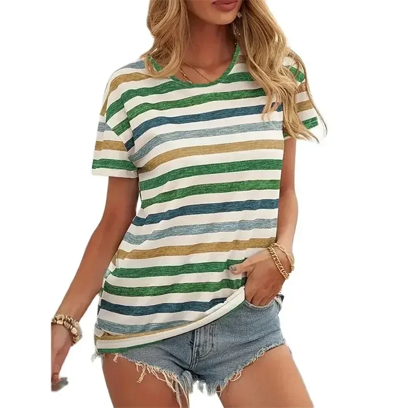 

Fashion Color Blocking Stripe T-Shirt Women Korean Daily Comfortable Casual Tees Summer O Neck Pullover Short Sleeve Female Tops